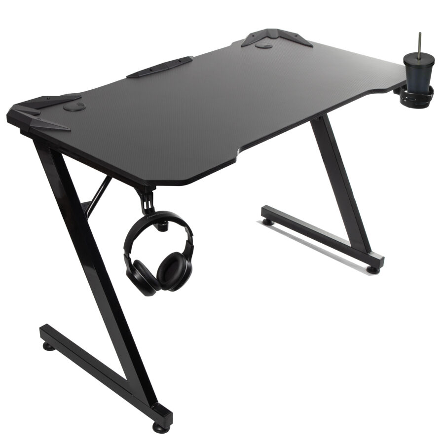 NanoRS Nagy Fekete Gaming Asztal, 150kg teherbírás, 750mm magasság, 110x60x1,5cm, pohár- és fejhallgatótartó, RS345